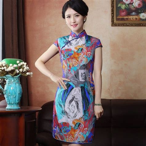 Fantastic Oil Painting Print Silk Cheongsam Qipao Dress