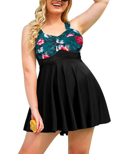 Womens Plus Size Piece Empire Swimdress Bathing Suits Retro Flowy