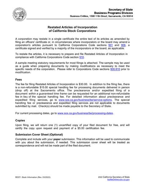 California Restated Articles Of Incorporation Stock Sample Fill