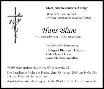 Traueranzeigen Von Hans Blum Wirtrauern