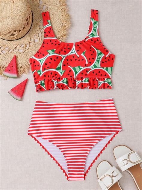 Shein Swim Mod Conjunto De Bikini Con Estampado De Sand A Y Rayas