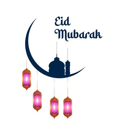 Eid Mubarak Typography With Mosque And Lantern Png