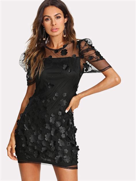 Flower Applique Mesh Overlay Dress Shein Sheinside Mesh Overlay