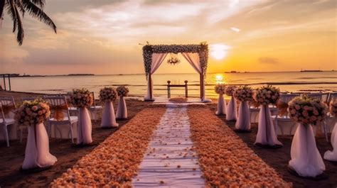 Premium Photo | A beachfront wedding with a sunset in the background