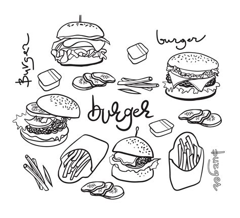 Burgers Hand Drawn Doodle Icons Kinds Of Fast Food Vector Art