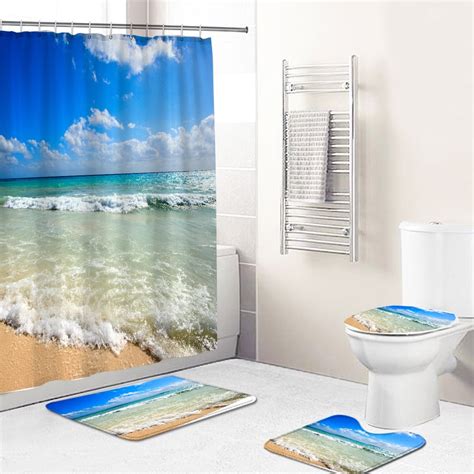 Pcs Shower Curtain Set Starfish Beach Sunset Travel Sand Blue Ocean