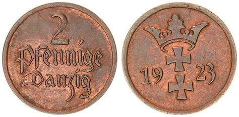 Polen Freie Stadt Danzig 2 Pfennig 1923 Vz Prfr Kupferpatina MA Shops