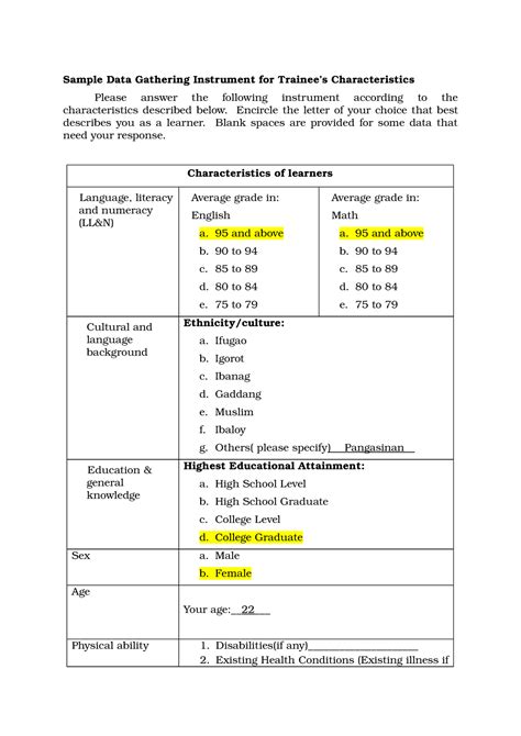 1 Sample Data Gathering Instrument For Trainee Ok Sample Data