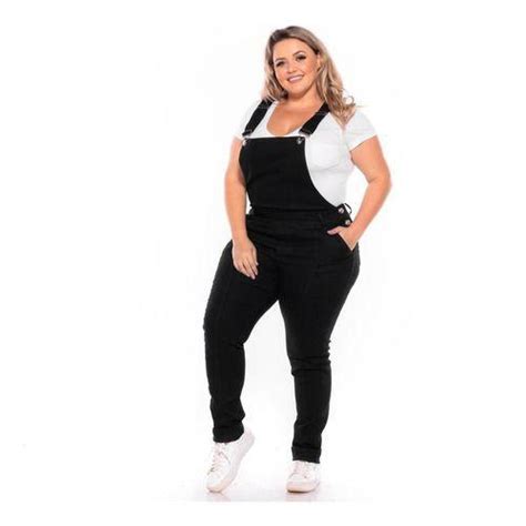 Macac O Jardineira Jeans Feminino Plus Size Lycra Preto Jardineira