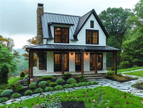 White Siding and Black Trim Modern Farmhouse Stock Image - Image of ...