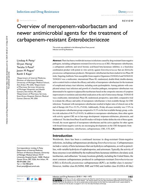 Pdf Overview Of Meropenem Vaborbactam And Newer Antimicrobial Agents For The Treatment Of