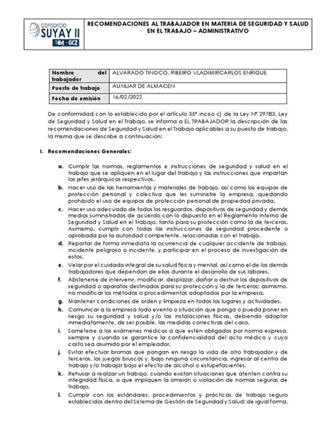 Recomendaciones De Sst Administrativos 2022 Alvarado Pdf Seguridad Y Salud Ocupacional