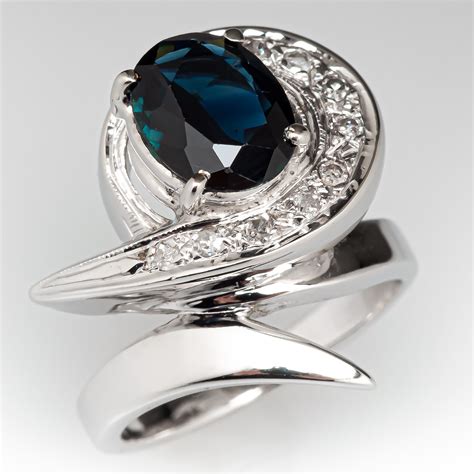 Dark Sapphire Ring W Diamond Swirl Design 14k White Gold