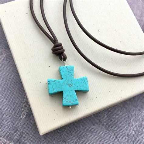 Turquoise Cross Necklace Leather Necklace With Large Etsy Turquoise