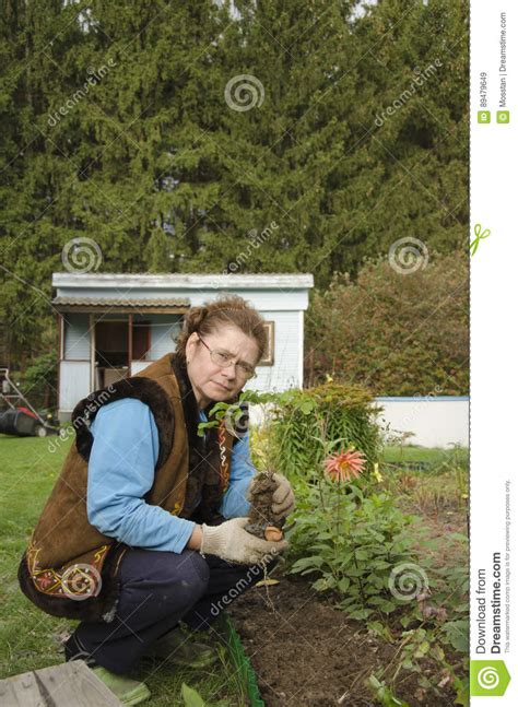 Mujer Que Planta Las Flores En Una Cama De Flor Imagen De Archivo