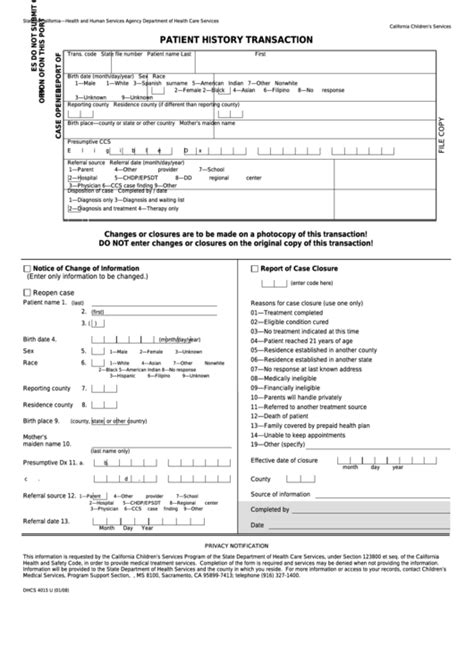 Fillable Form Dhcs 4015 U Patient History Transaction State Of