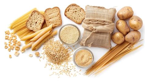 Complex Carbs Such As Whole Grain Bread Pasta And Potatoes Alongside Granola Neatly