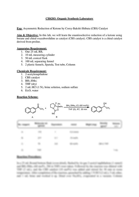 Solution Experiment Asymmetric Reduction Of Carbonyls Using Cbs