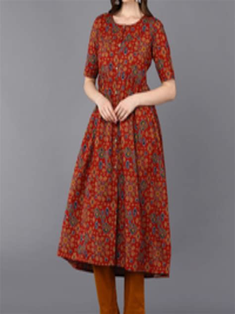 Buy Ahika Red Ethnic Motifs Printed Cotton A Line Kurta Kurtas For