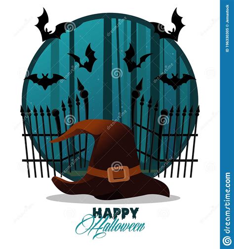 Happy Halloween Celebration Card With Witch Hat And Bats Flying Scene