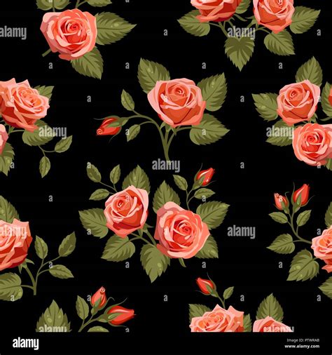 Floral Seamless Background With Red Roses On Black Use For Fabric