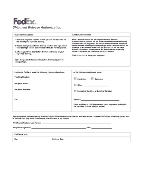 Create Fillable Fedex Shipment Release Authorization Form And Keep