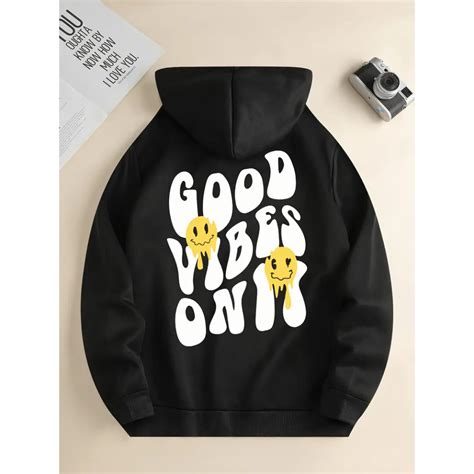 Moletom Canguru Slogan Estampado Good Vibes Emojo Blusa De Frio