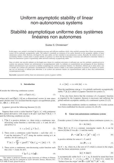 Uniform Asymptotic Stability Of Linear Non Autonomous Systems