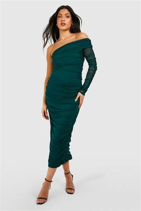 Maternity Mesh One Shoulder Ruched Midi Dress Boohoo Uk