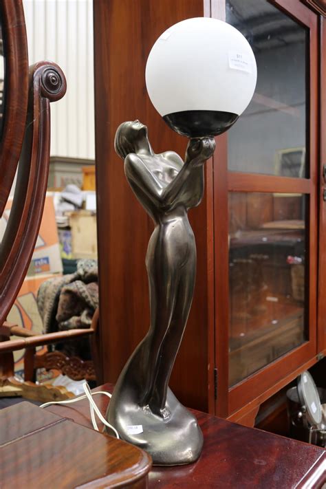 Sold Price Art Deco Style Lady Figure Lamp Signed To Base Silvered Ceramic Approx 62cm H