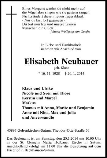 Traueranzeigen Von Elisabeth Neubauer Trauer In Nrw De