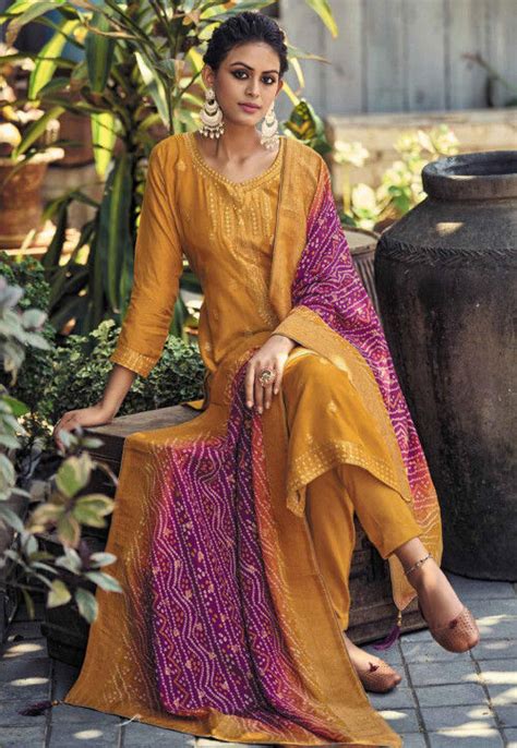 Buy Woven Art Silk Jacquard Pakistani Suit In Mustard Online KCH11863