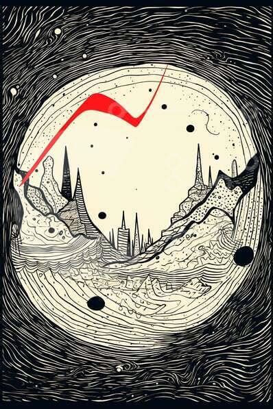 Black and White Abstract Landscape Drawing with Red Line stock photo ...