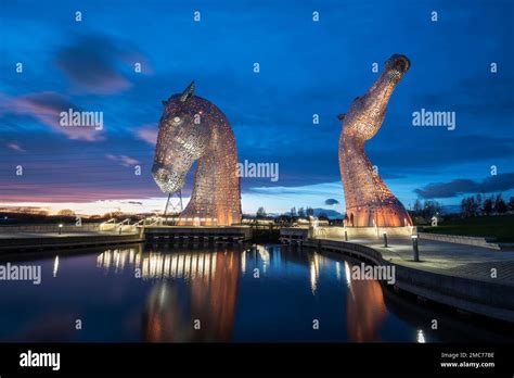 The Kelpies Sculpture At Night Helix Park Falkirk Scotland Stock