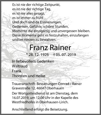 Traueranzeigen Von Franz Rainer Trauer In Nrw De