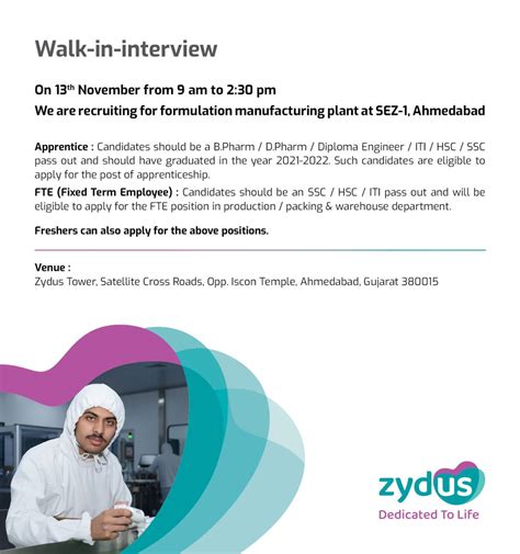 Zydus Lifesciences Limited Walk In Interview Th Nov