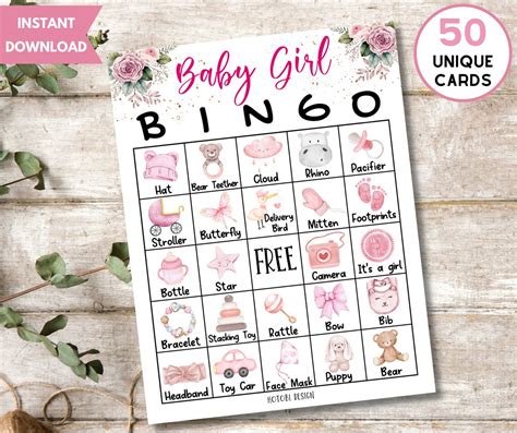 50 Baby Girl Bingo Game Cards Watercolor Pink Aesthetic Baby Etsy