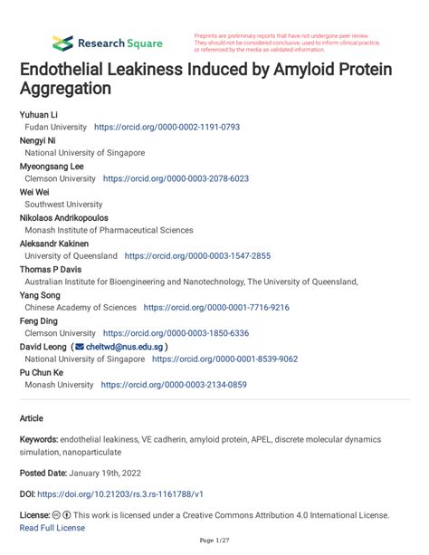 PDF Endothelial Leakiness Induced By Amyloid Protein Aggregation