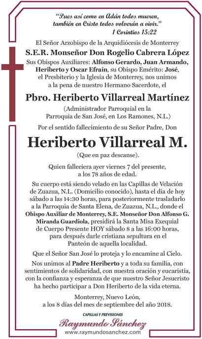 HERIBERTO VILLARREAL MARTÍNEZ Obituario Esquela