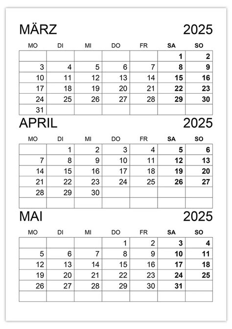 Kalender März April Mai 2025 kalender su