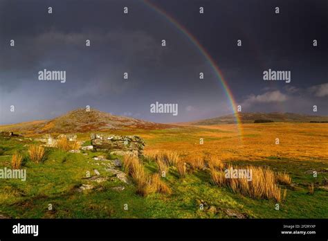 Rough Tor And Brown Willy With Rainbow Bodmin Moor Cornwall Uk