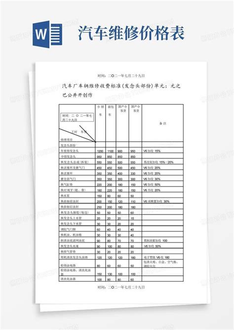 汽车维修价格表word模板下载编号ljonxzan熊猫办公