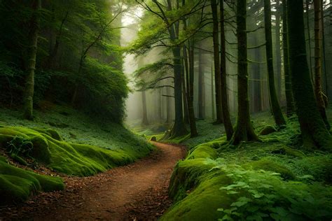 A Path Through A Green Forest With Mossy Trees Ai Generated