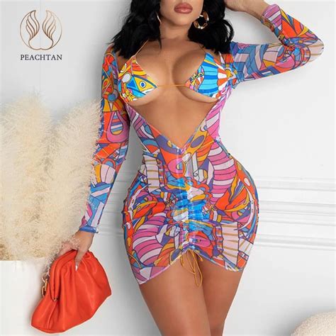 Peachtan Long Sleeves 2 Piece Bikini Set Print Swimwear Female Drawstring Swimsuit Women S