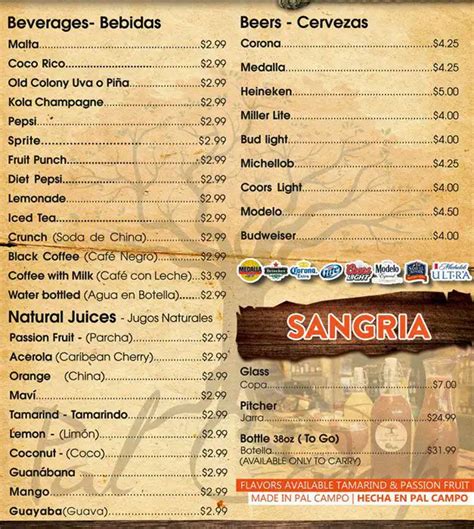 Menu at Pal Campo Restaurant, Orlando