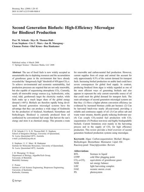 Pdf Second Generation Biofuels High Efficiency Microalgae For