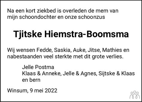 Tjitske Tsjikke Hiemstra Boomsma Overlijdensbericht En