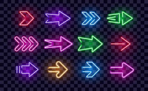 Neon Right Arrows Colorful Vector Icons Set Realistic Glowing Pointers