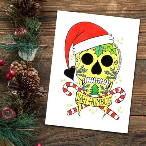 Bah Humbug Sugar Skull Alternative Doodle Art Christmas Card