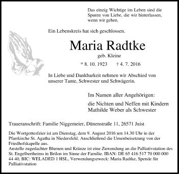 Traueranzeigen Von Maria Radtke Trauer In NRW De